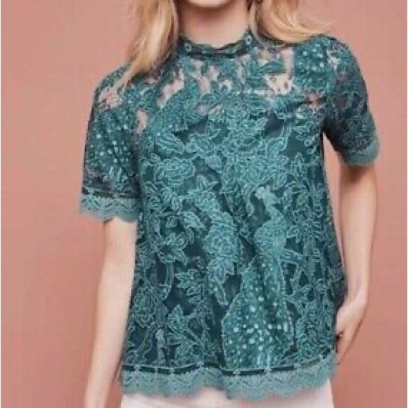Anthropologie HD in Paris stunning pre-owned, embroidered, teal, lace blouse. - Picture 8 of 8